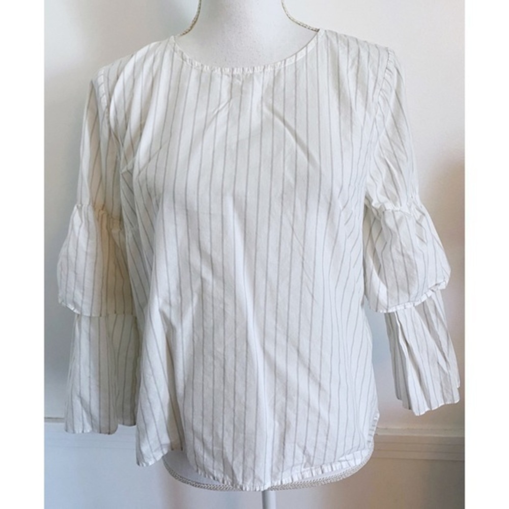 Madewell • White Grey Striped Ruffle Sleeve Blouse